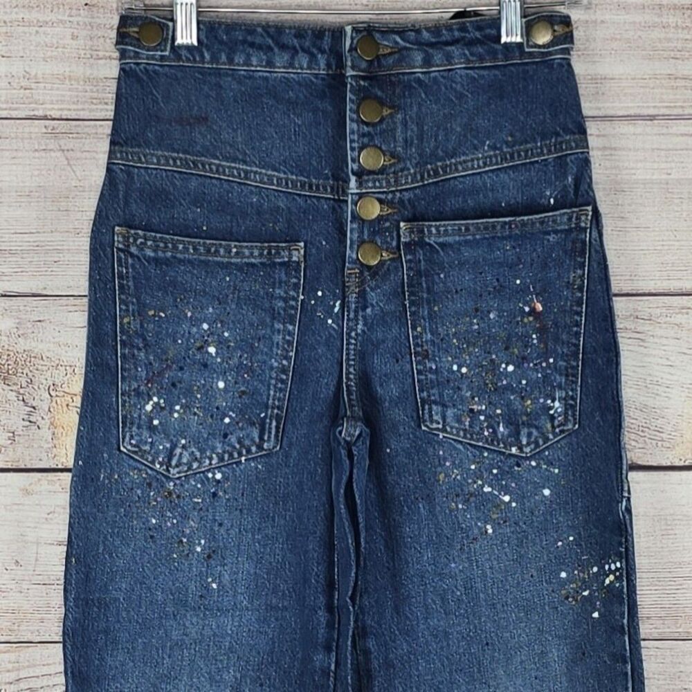 Zara Paint Splatter High Rise Cropped Painter Wide Leg Jeans Size 0 NWT - Picture 3 of 10